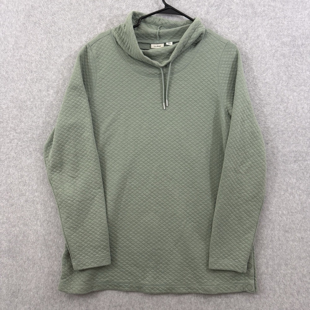 LL Bean Soflight Quilted Sweatshirt Women L Green Funnel Neck Pullover Cowl Snap